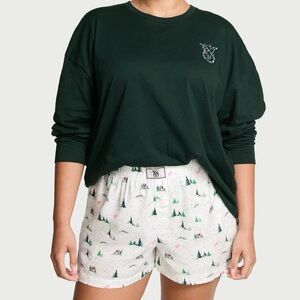 VICTORIA'S SECRET XS Long Sleeve Tee & Shorts 2Pc Pajamas Women Green Aprés Ski